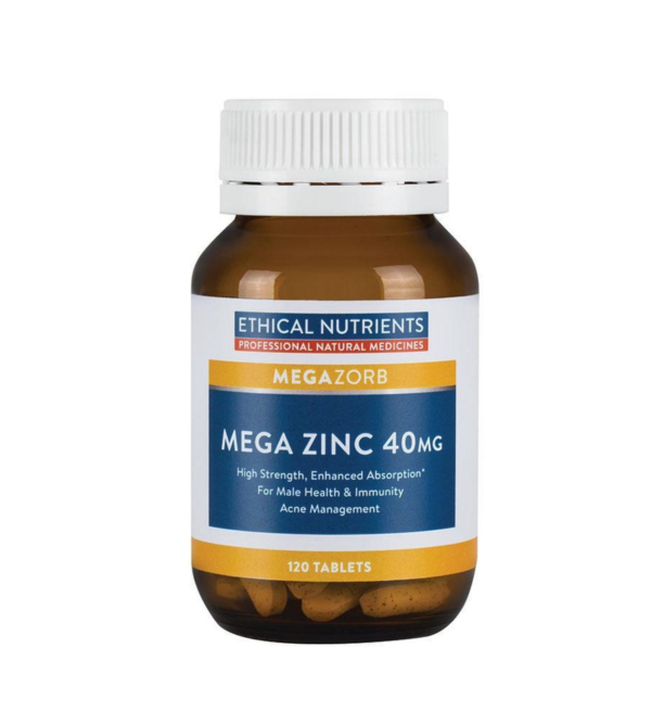 Ethical Nutrients MEGAZORB Mega Zinc 40mg a high strength Zinc supplement to help replenish zinc levels, support healthy immunity, male health & assist in the management of mild acne